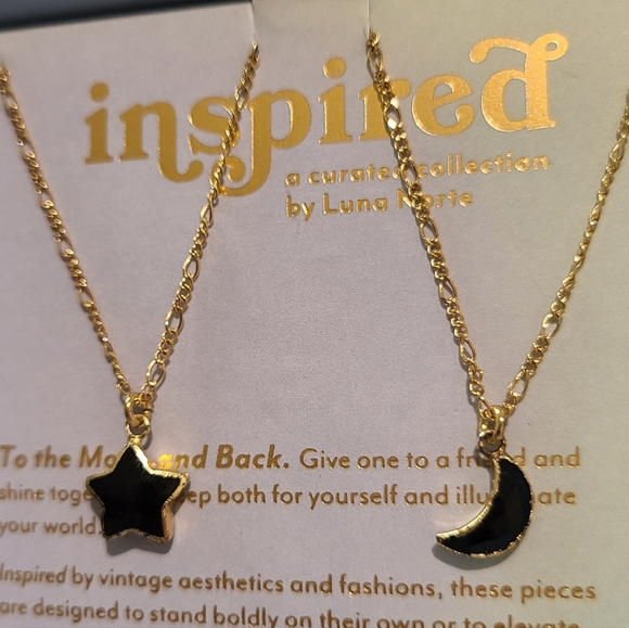 2 NECKLACES INSPIRED BY LUNA NORTE BLACK ONYX MOON & STAR14K GOLD PLATED - Picture 7 of 10